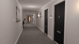 A fire door in a commercial building corridor, marking a fire escape route for safety."